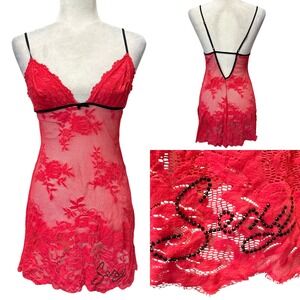Vtg Y2K Victorias Secret Very Sexy Red
Lace Bow Embellished Babydoll Chemise M